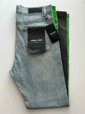 NEW Homme + Femme LA Colorblock Graphic Denim Jeans Size 34 Distressed Zip Hem
